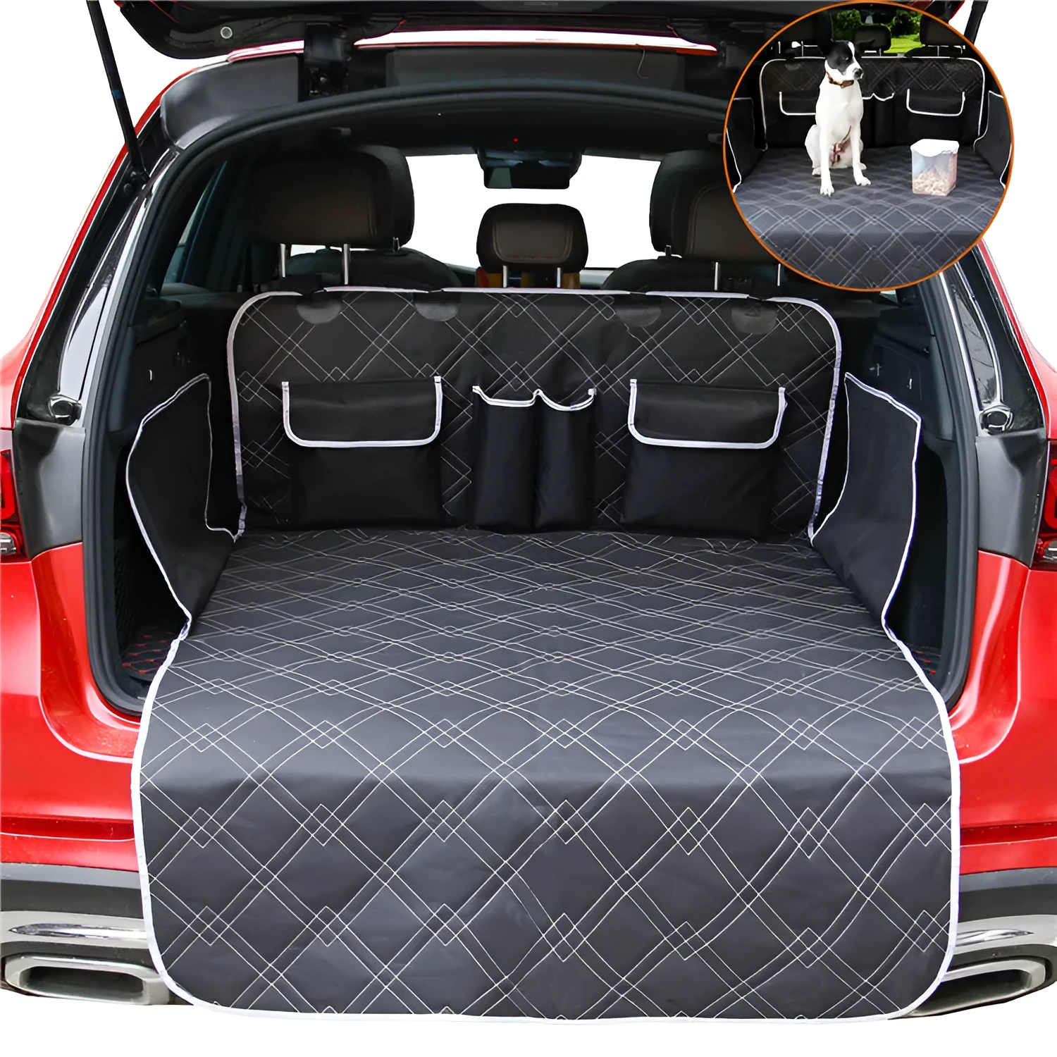 Black Oxford cloth car dog mat measuring 187.5x102.5cm with buckle and ring for secure fit