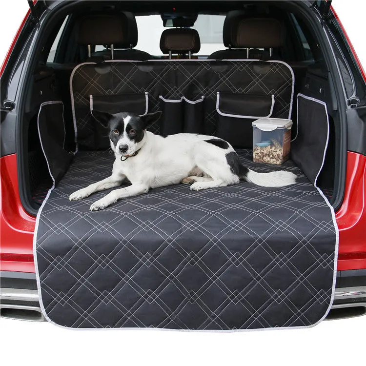 Black Oxford cloth car dog mat measuring 187.5x102.5cm with buckle and ring for secure fit
