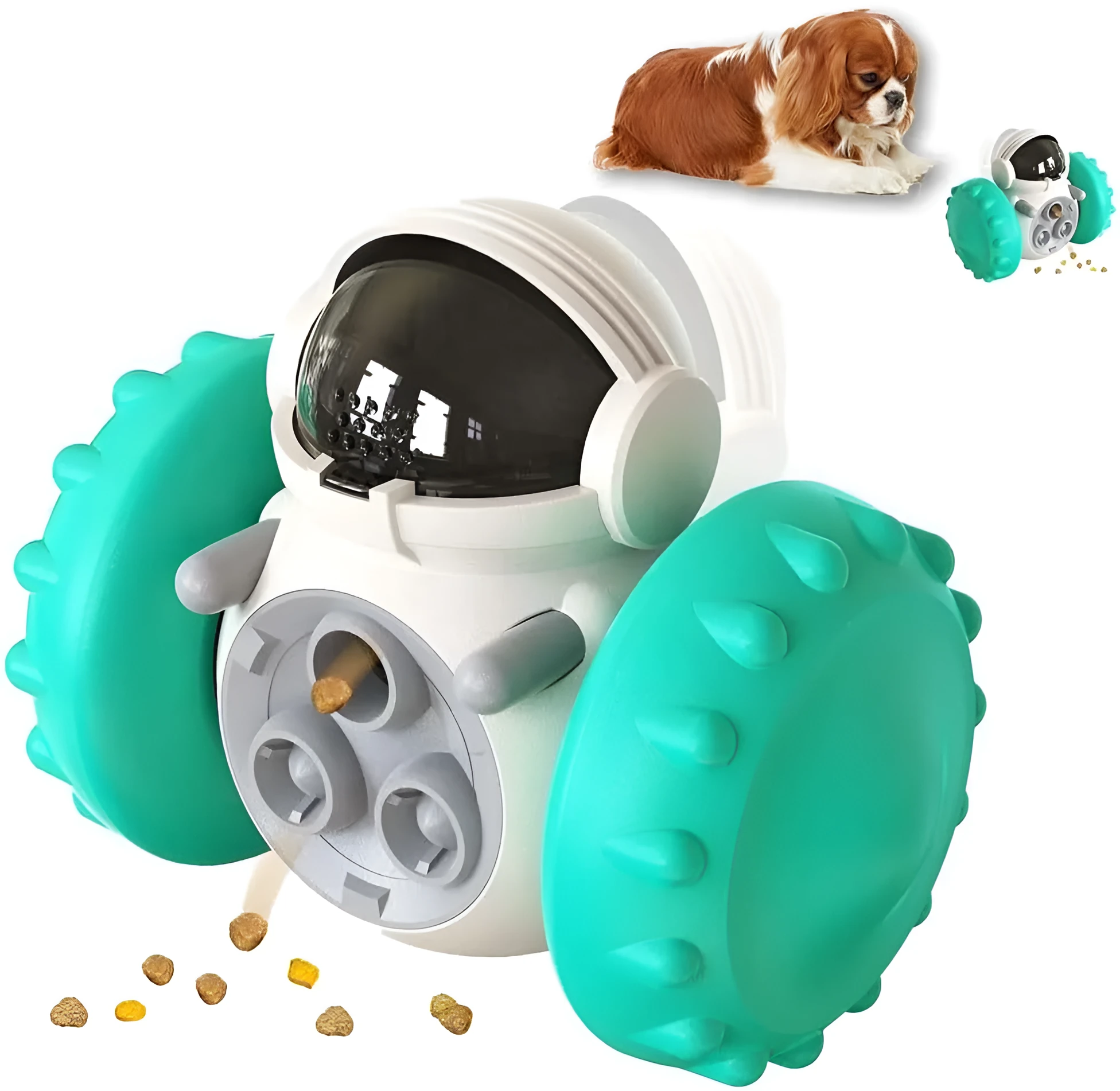 Robot-inspired self-balancing dog treat dispenser toy in various colours for small pets