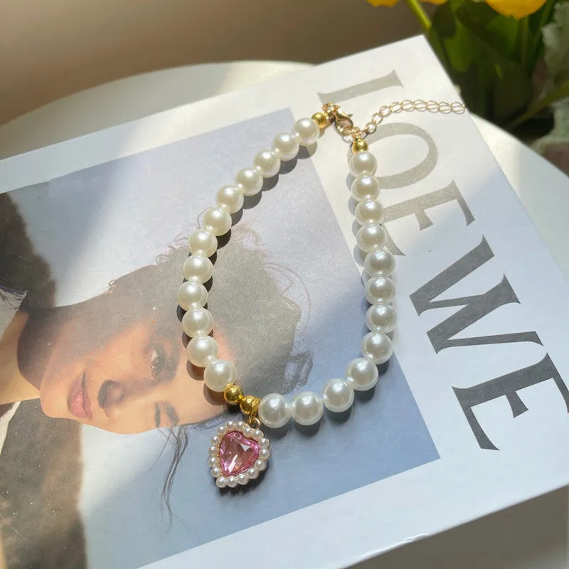 Retro love crystal pendant pet necklace with imitation pearl beads on a cat, available in multiple colours and sizes S, M, L