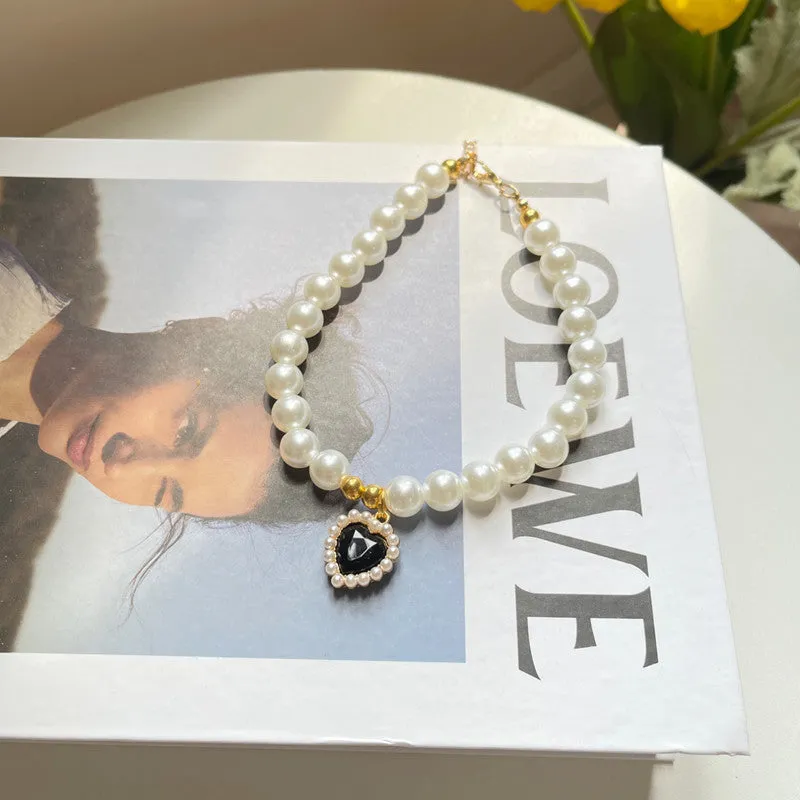 Retro love crystal pendant pet necklace with imitation pearl beads on a cat, available in multiple colours and sizes S, M, L