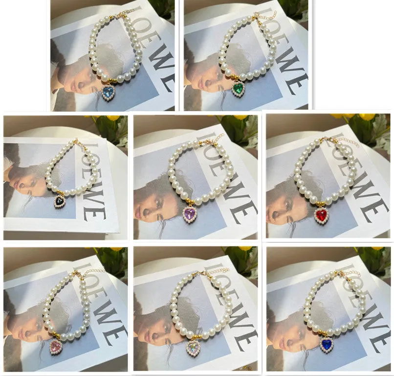 Retro love crystal pendant pet necklace with imitation pearl beads on a cat, available in multiple colours and sizes S, M, L