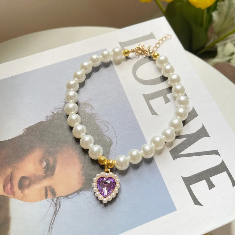 Retro love crystal pendant pet necklace with imitation pearl beads on a cat, available in multiple colours and sizes S, M, L
