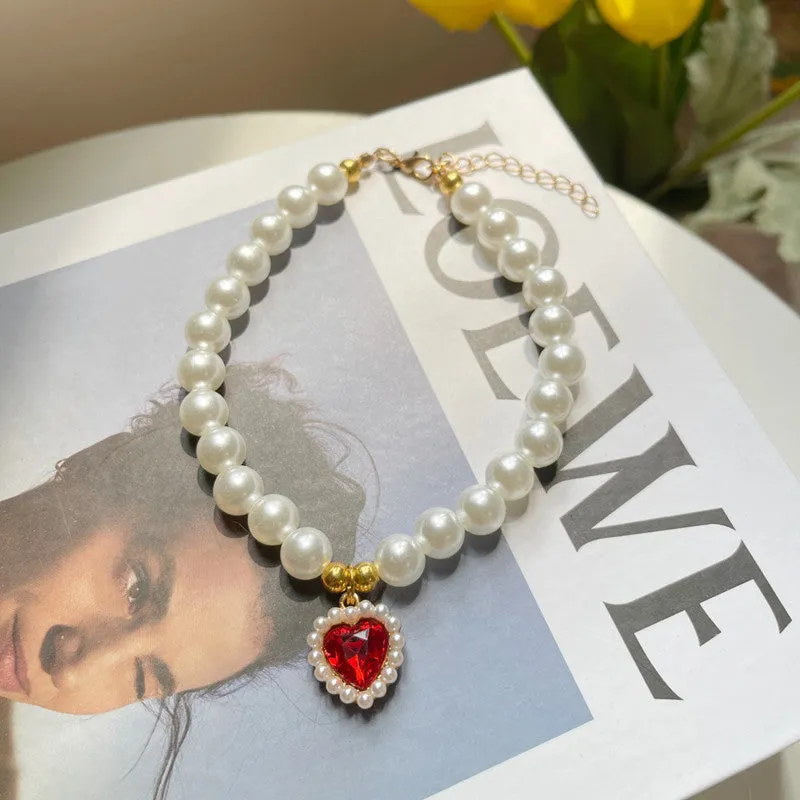 Retro love crystal pendant pet necklace with imitation pearl beads on a cat, available in multiple colours and sizes S, M, L