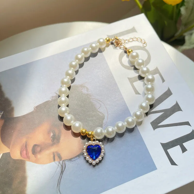 Retro love crystal pendant pet necklace with imitation pearl beads on a cat, available in multiple colours and sizes S, M, L