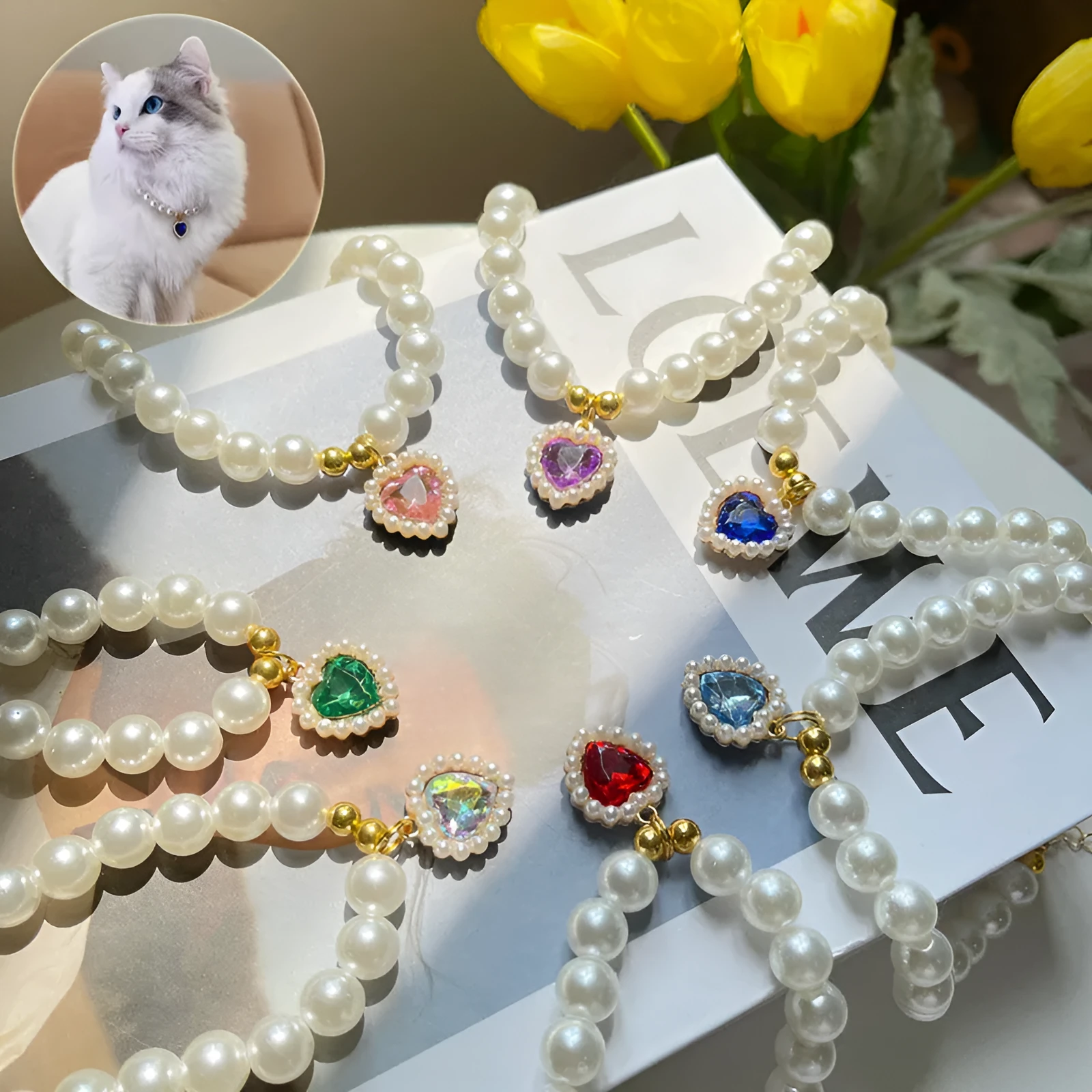 Retro love crystal pendant pet necklace with imitation pearl beads on a cat, available in multiple colours and sizes S, M, L