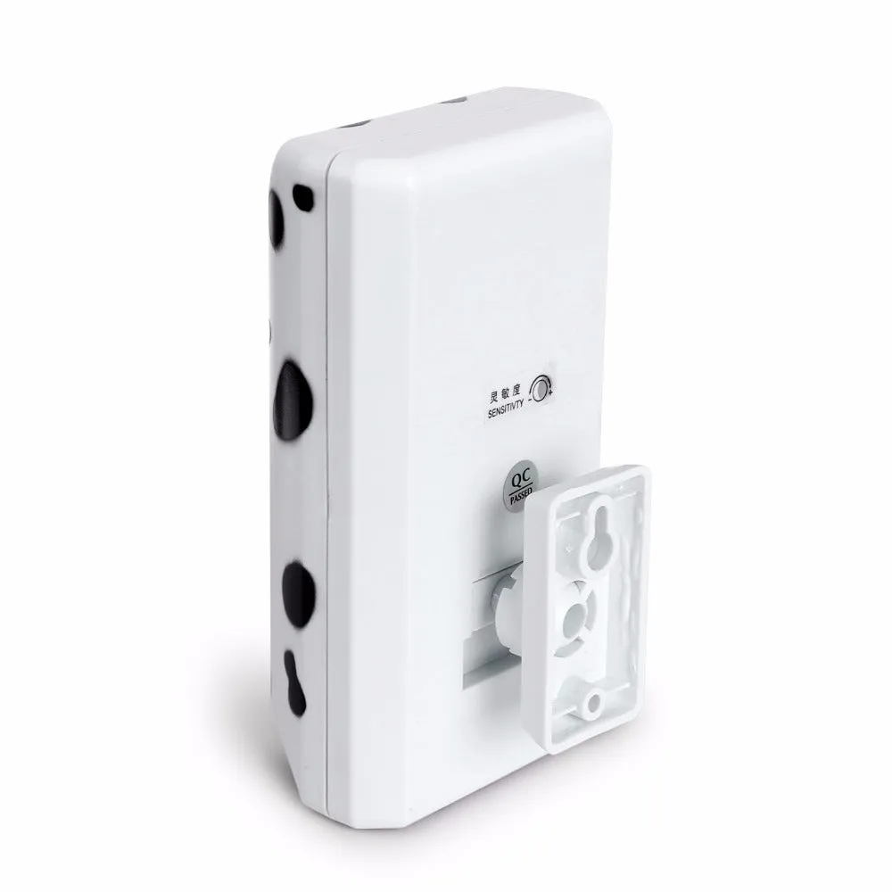 White anti-barking ultrasonic dog repeller mounted on a wall with rotary holder, 7x13x5cm