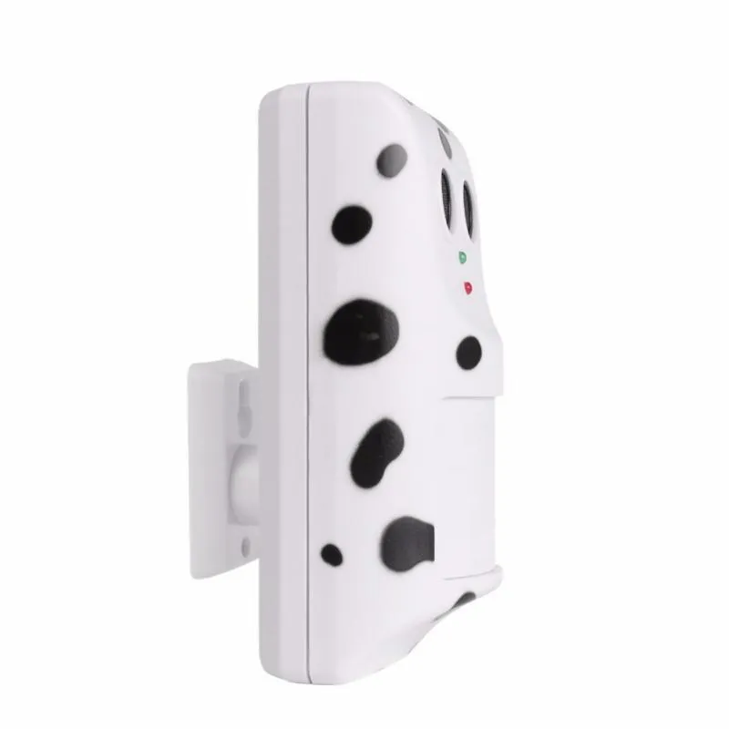White anti-barking ultrasonic dog repeller mounted on a wall with rotary holder, 7x13x5cm