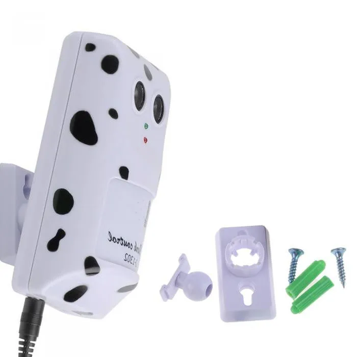 White anti-barking ultrasonic dog repeller mounted on a wall with rotary holder, 7x13x5cm