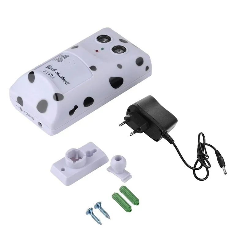 White anti-barking ultrasonic dog repeller mounted on a wall with rotary holder, 7x13x5cm