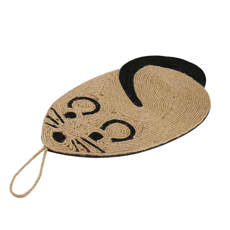 Mouse-shaped sisal cat scratching board on floor; natural fibre texture visible
