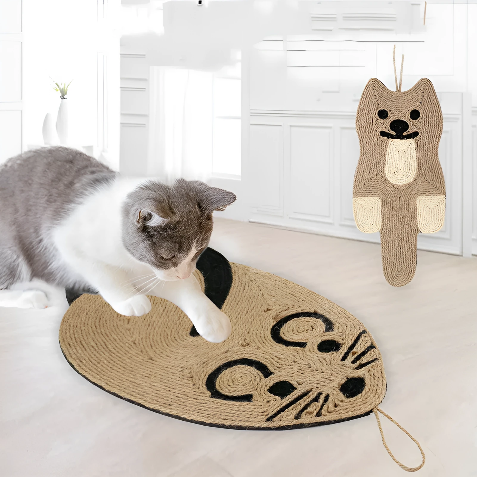 Mouse-shaped sisal cat scratching board on floor; natural fibre texture visible