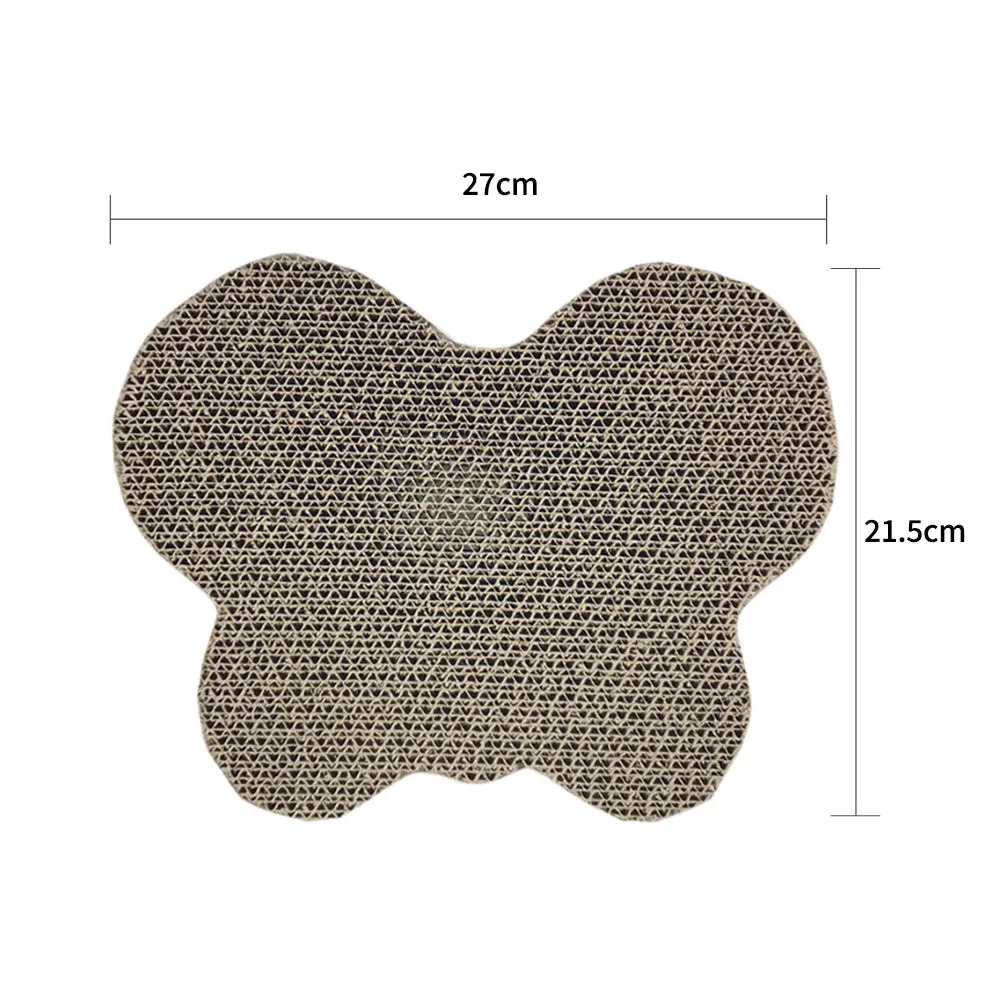 Three cat scratcher shapes: fish, butterfly, and cat head in corrugated paper