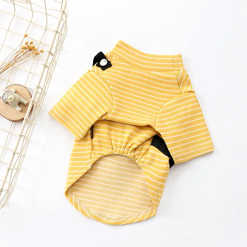 Striped green cotton dog t-shirt costume on pet with casual two-legged design