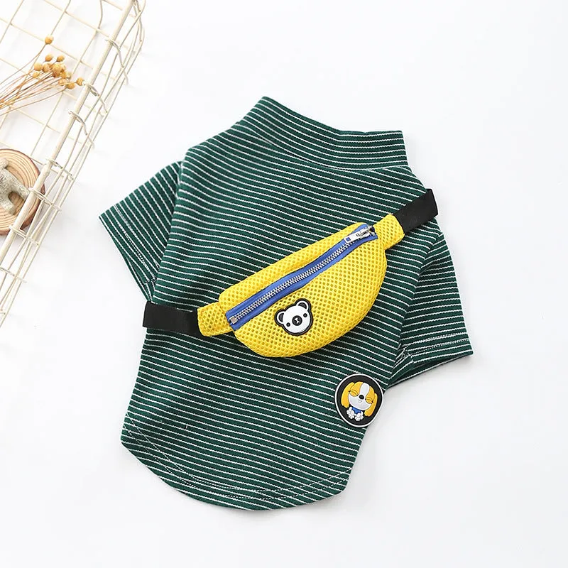 Striped green cotton dog t-shirt costume on pet with casual two-legged design