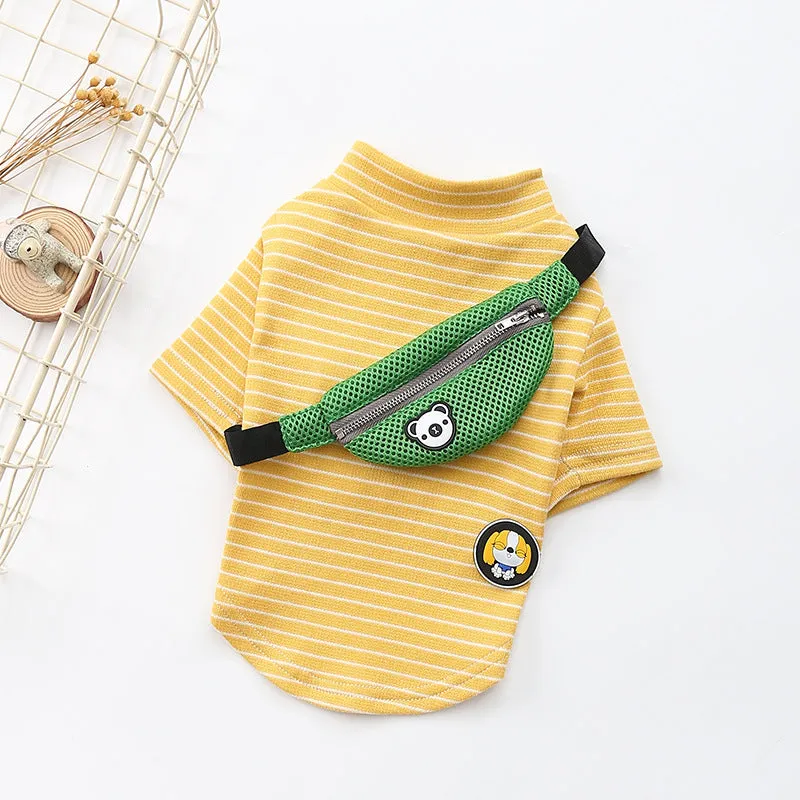 Striped green cotton dog t-shirt costume on pet with casual two-legged design