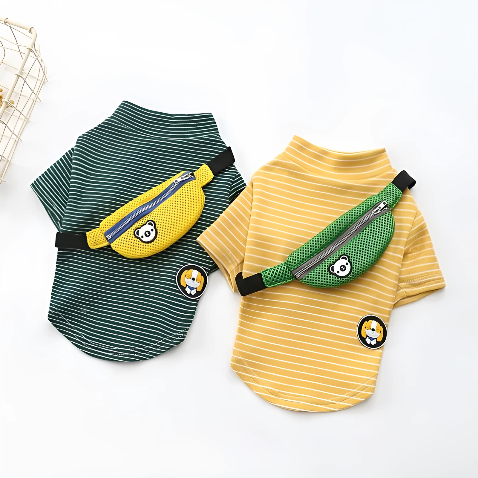 Striped green cotton dog t-shirt costume on pet with casual two-legged design