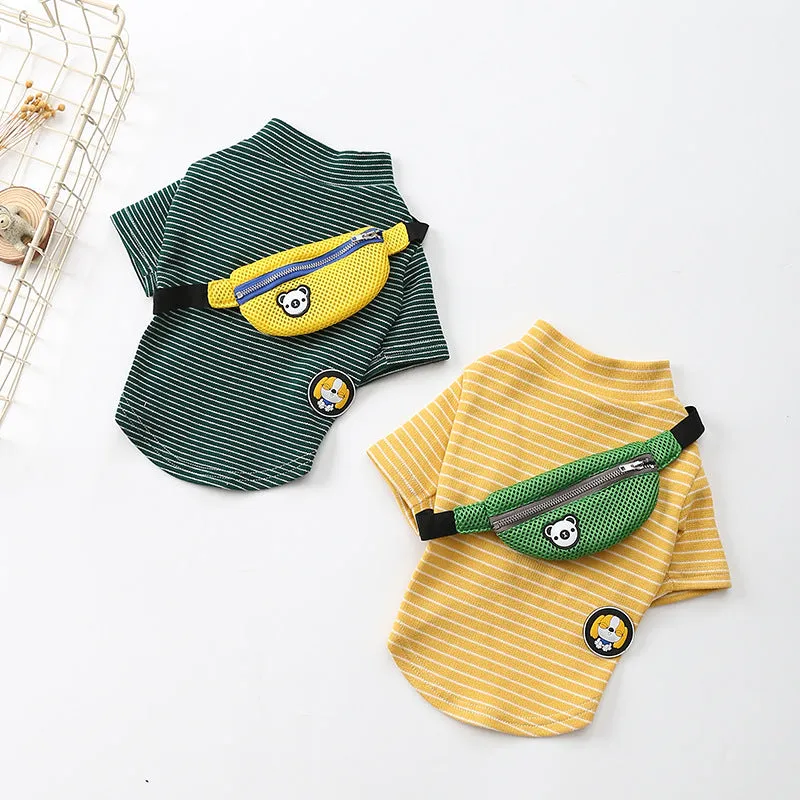 Striped green cotton dog t-shirt costume on pet with casual two-legged design
