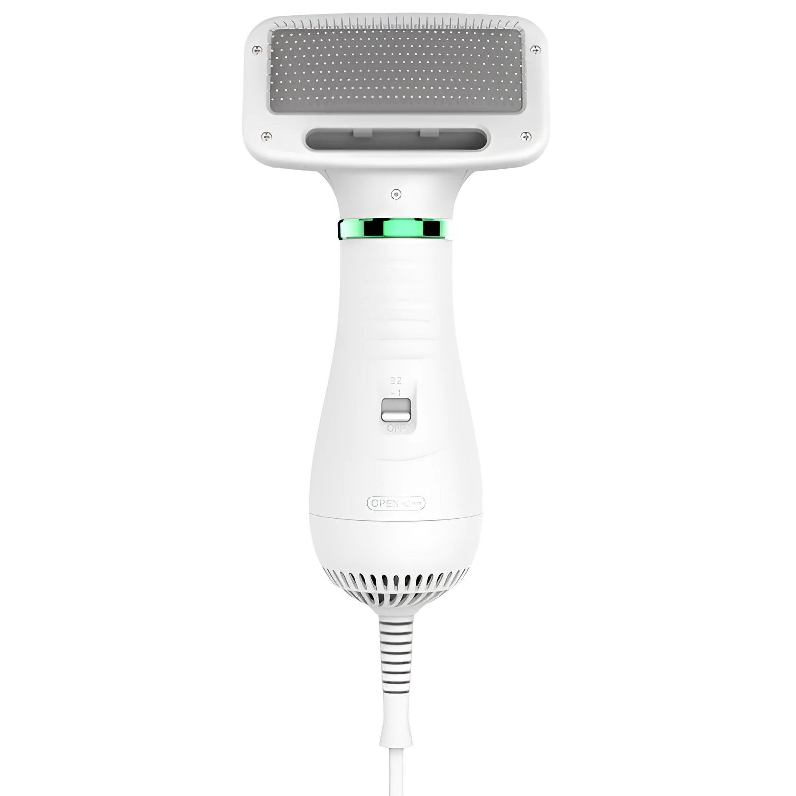 White all-in-one pet hair brush and hair dryer with two heat settings and 2-metre cord for dogs and cats