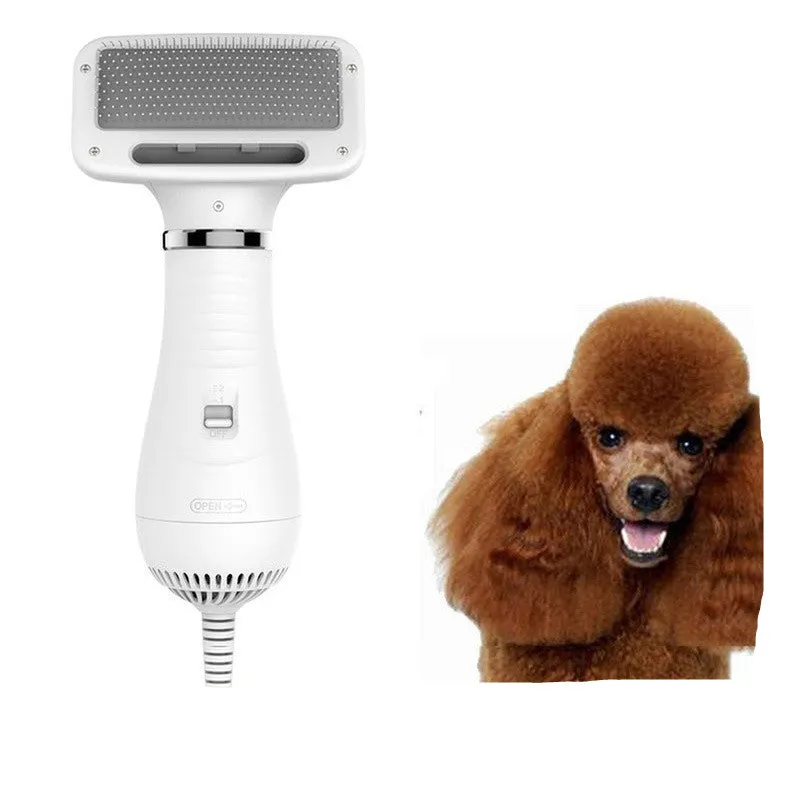 White all-in-one pet hair brush and hair dryer with two heat settings and 2-metre cord for dogs and cats
