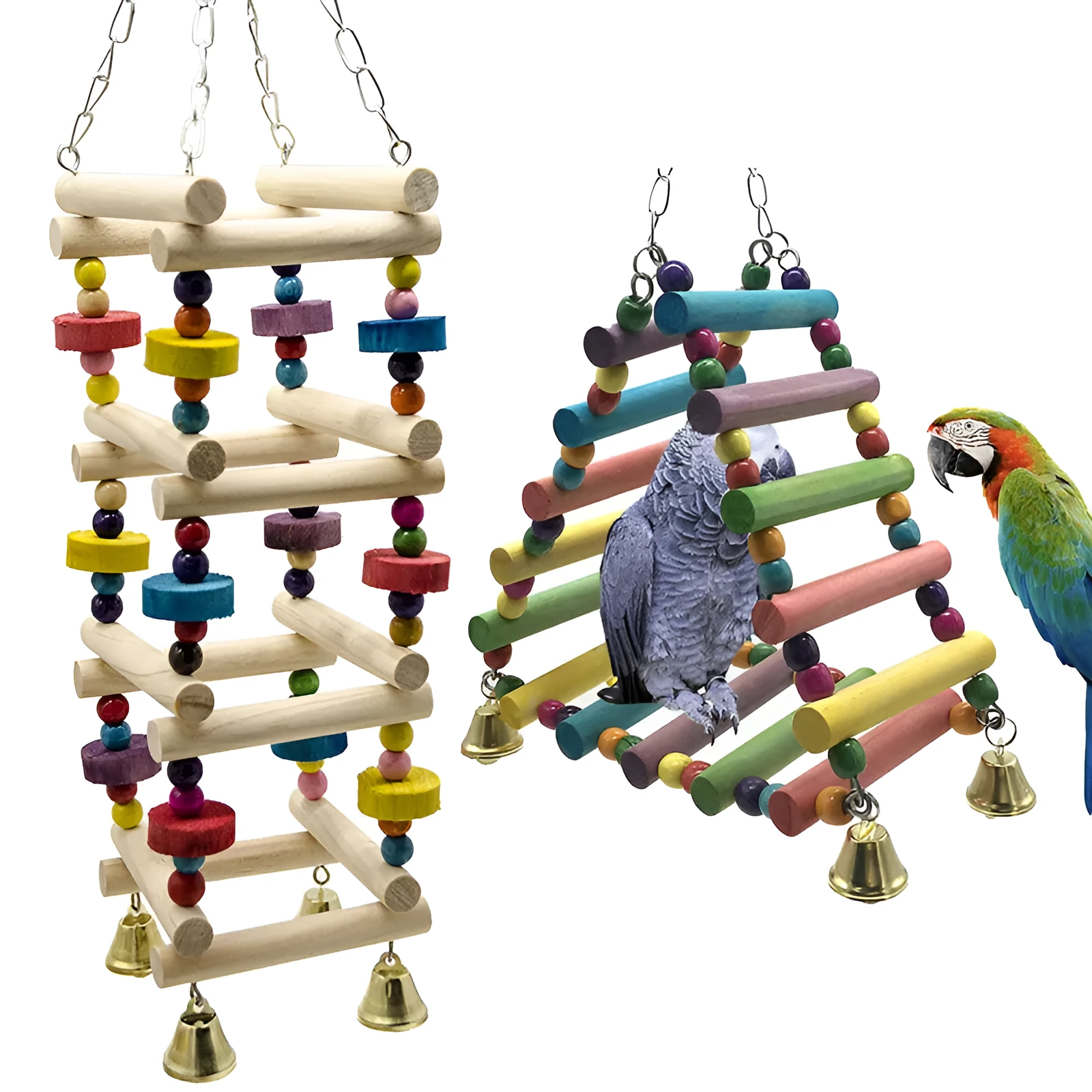 Parakeet bird toy amusement park swing stand with solid wood and metal accessories, 45x10cm