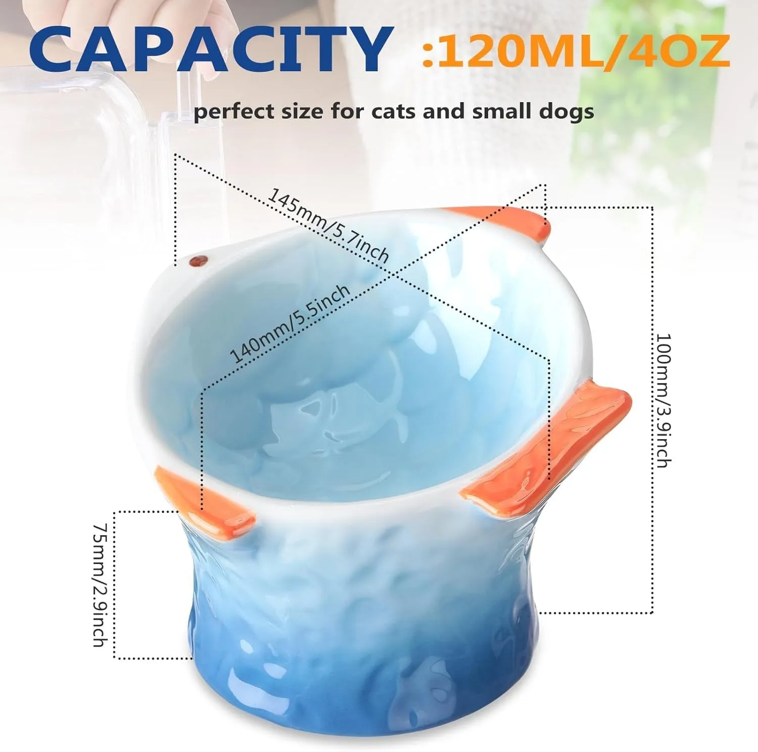 Set of four blue fish-shaped ceramic cat bowls with tilted, elevated design on a table.