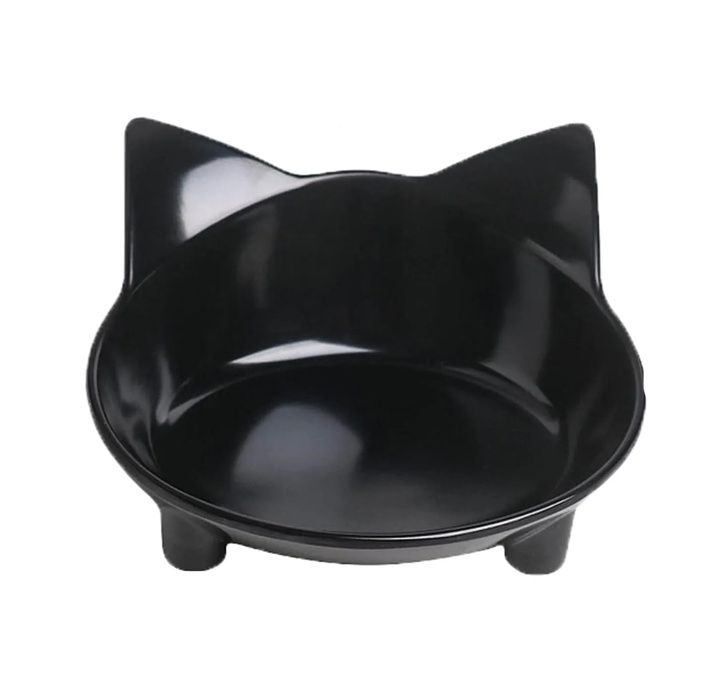 Set of four shallow black melamine pet bowls with non-slip rubber bases