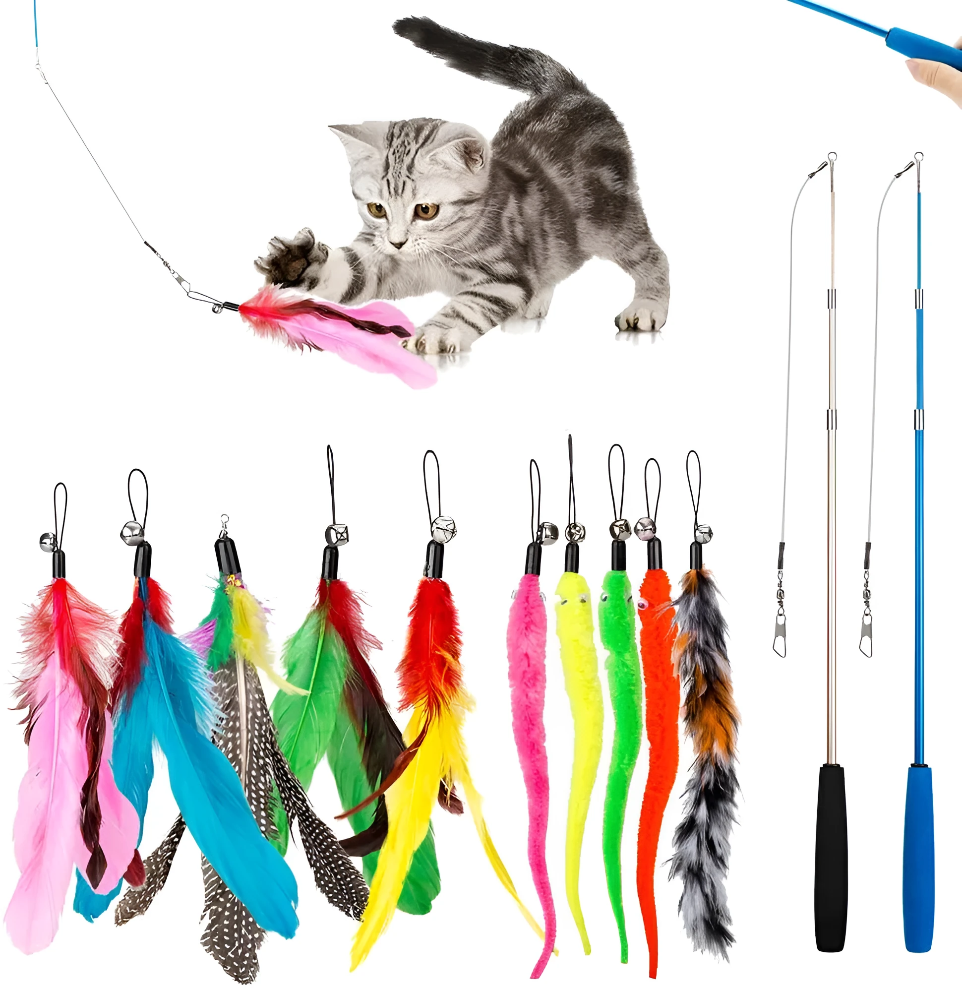 Cat teasing fishing rod toy with feather lures and interchangeable heads for interactive indoor play