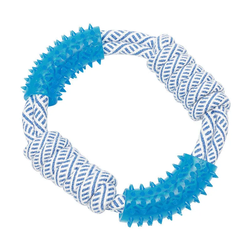 Ocean Series blue and white cotton rope dog toy with TPR chew elements on neutral background