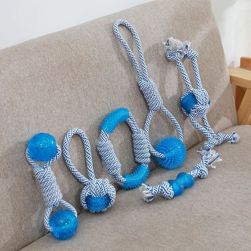 Ocean Series blue and white cotton rope dog toy with TPR chew elements on neutral background