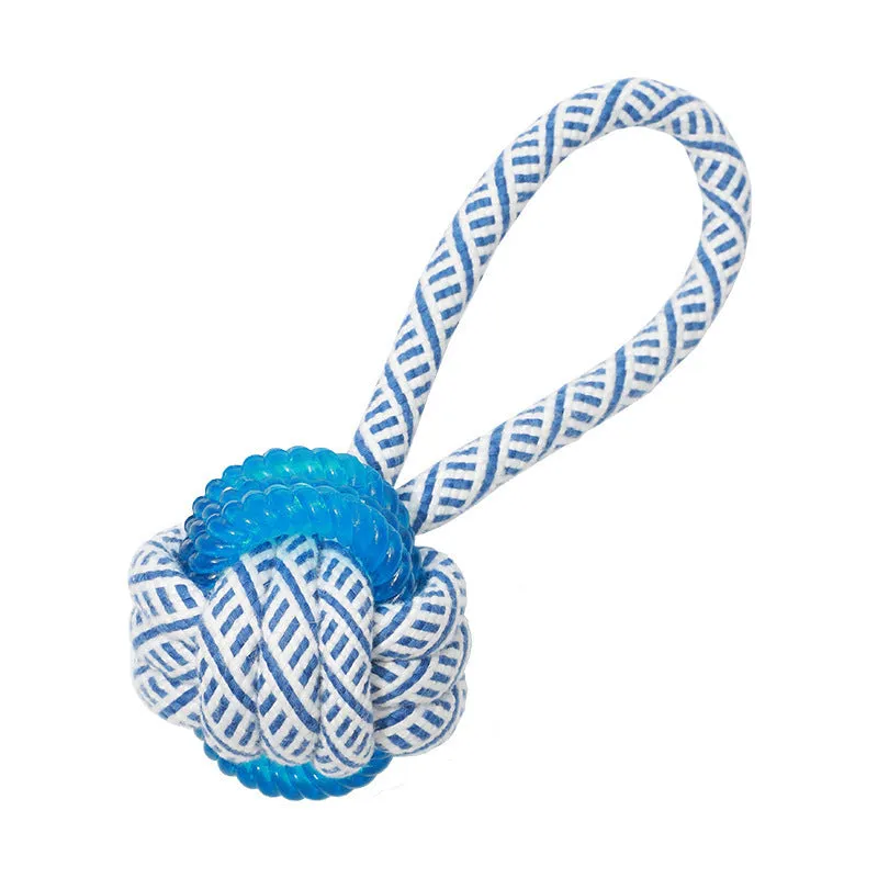 Ocean Series blue and white cotton rope dog toy with TPR chew elements on neutral background