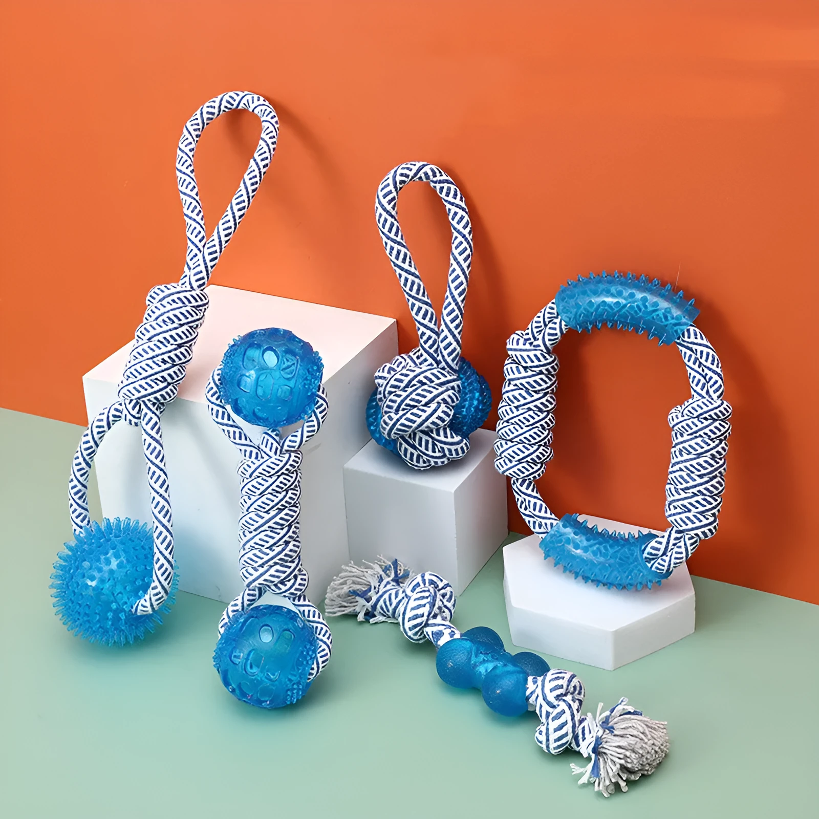 Ocean Series blue and white cotton rope dog toy with TPR chew elements on neutral background