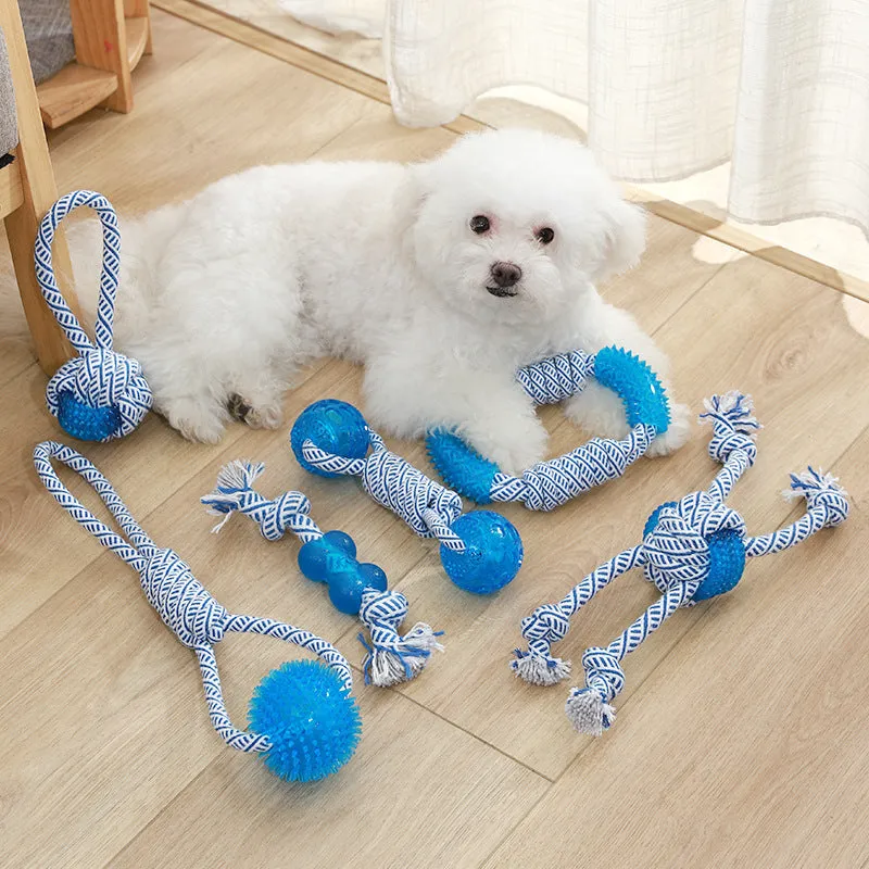 Ocean Series blue and white cotton rope dog toy with TPR chew elements on neutral background