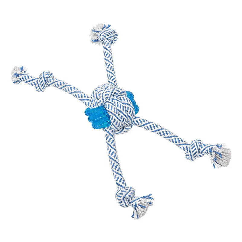 Ocean Series blue and white cotton rope dog toy with TPR chew elements on neutral background