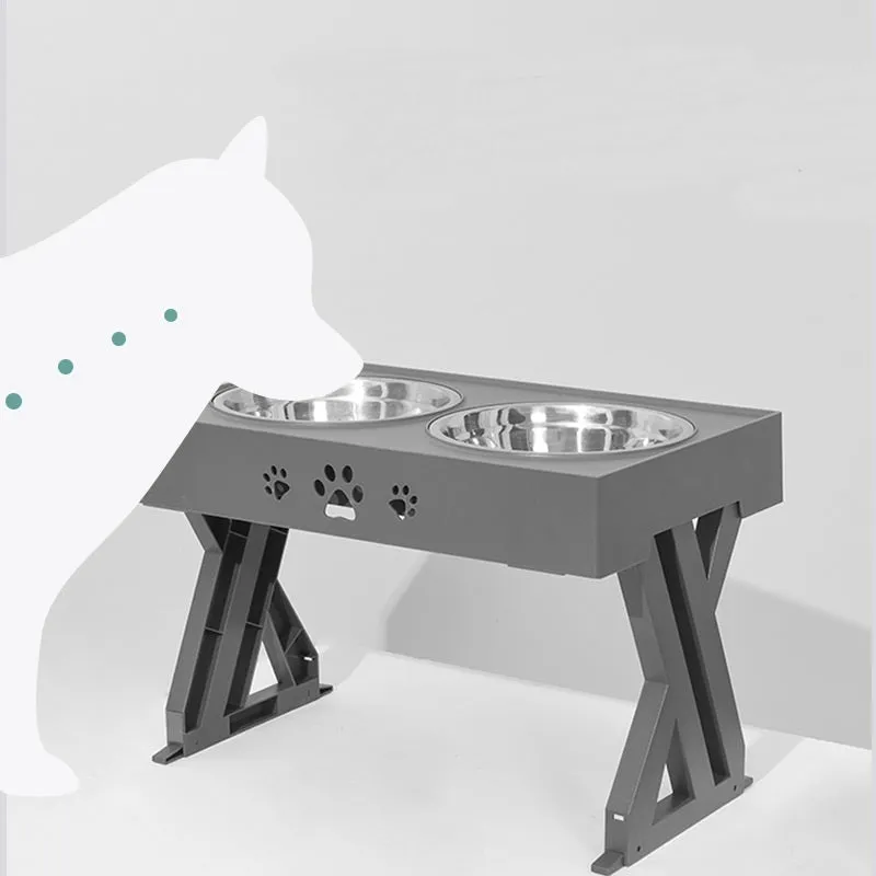 Adjustable height stainless steel dog food bowl with plastic base, maximum height 288mm, black and grey colour options