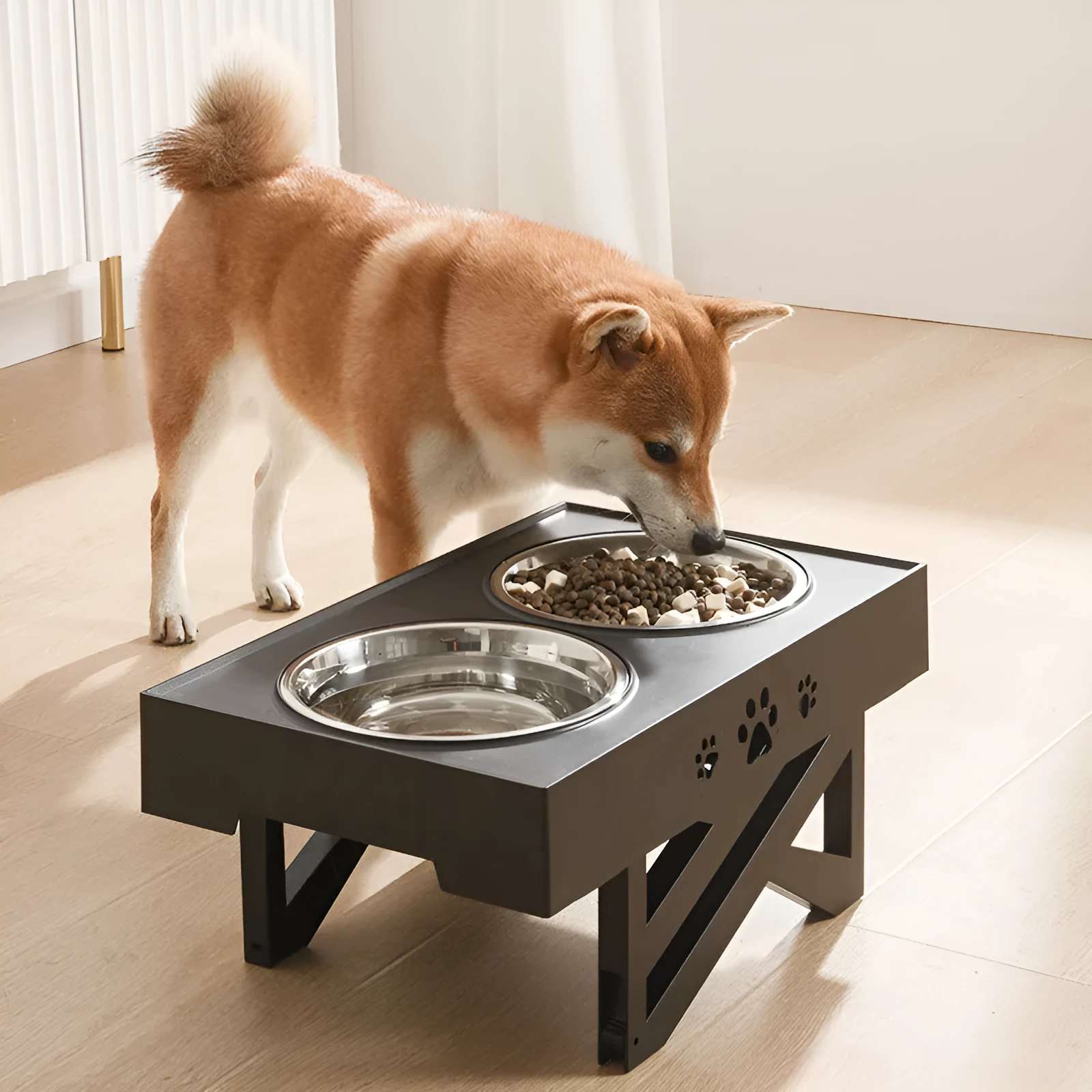 Adjustable height stainless steel dog food bowl with plastic base, maximum height 288mm, black and grey colour options