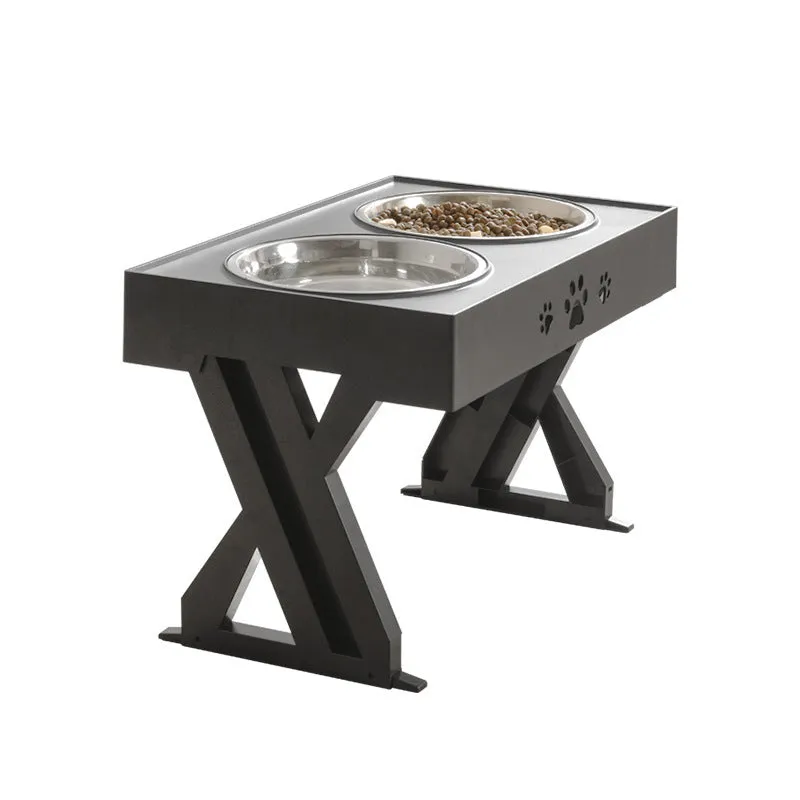 Adjustable height stainless steel dog food bowl with plastic base, maximum height 288mm, black and grey colour options