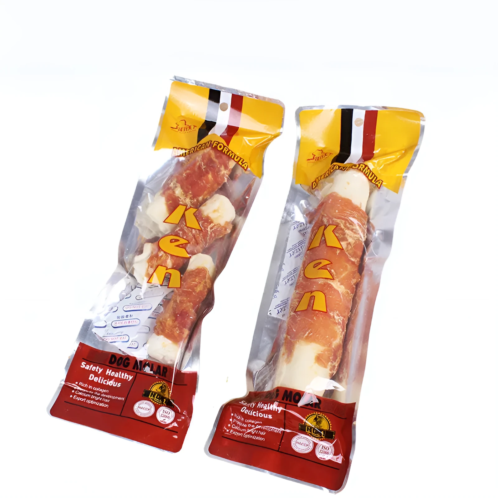 Dog teeth cleaning bones with chicken wrap around cowhide roll on white background