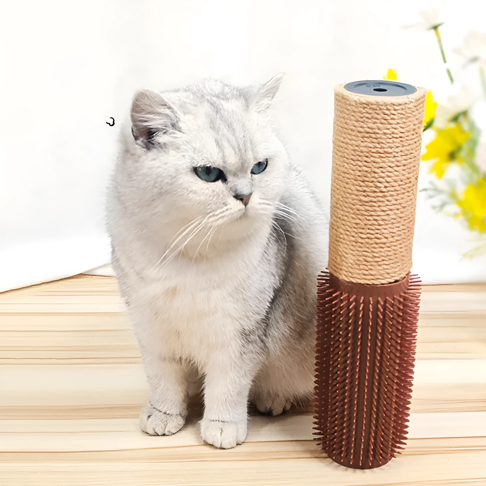 Brown or grey sisal cat scratching post measuring 30cm long