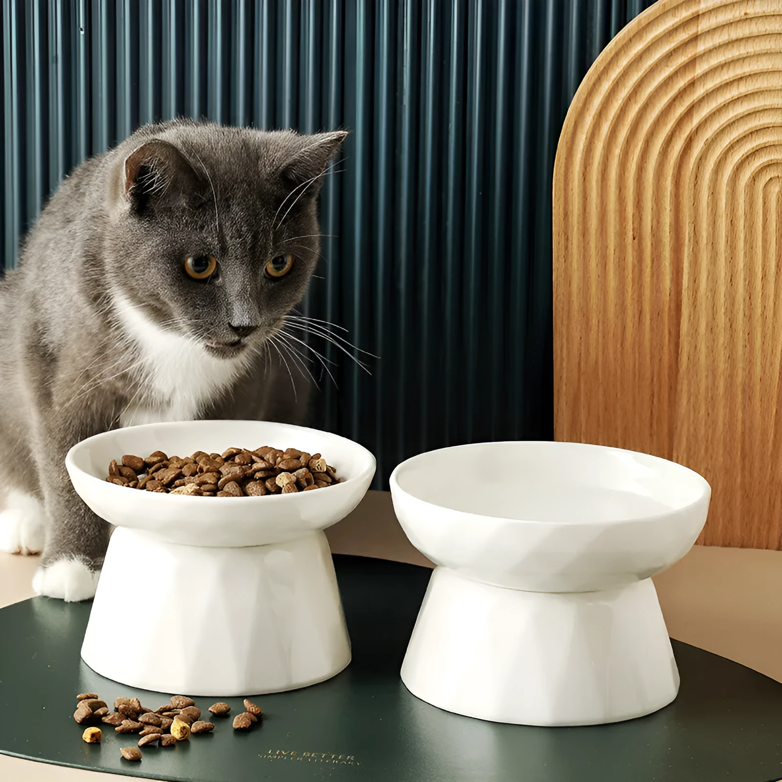 Ceramic tall cat bowl in neutral colour with raised design to protect spine during feeding