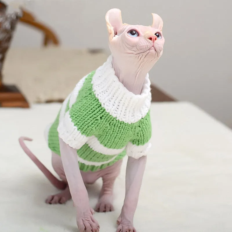 Wool handmade stripe sweater for hairless cat in light purple, side view on cat