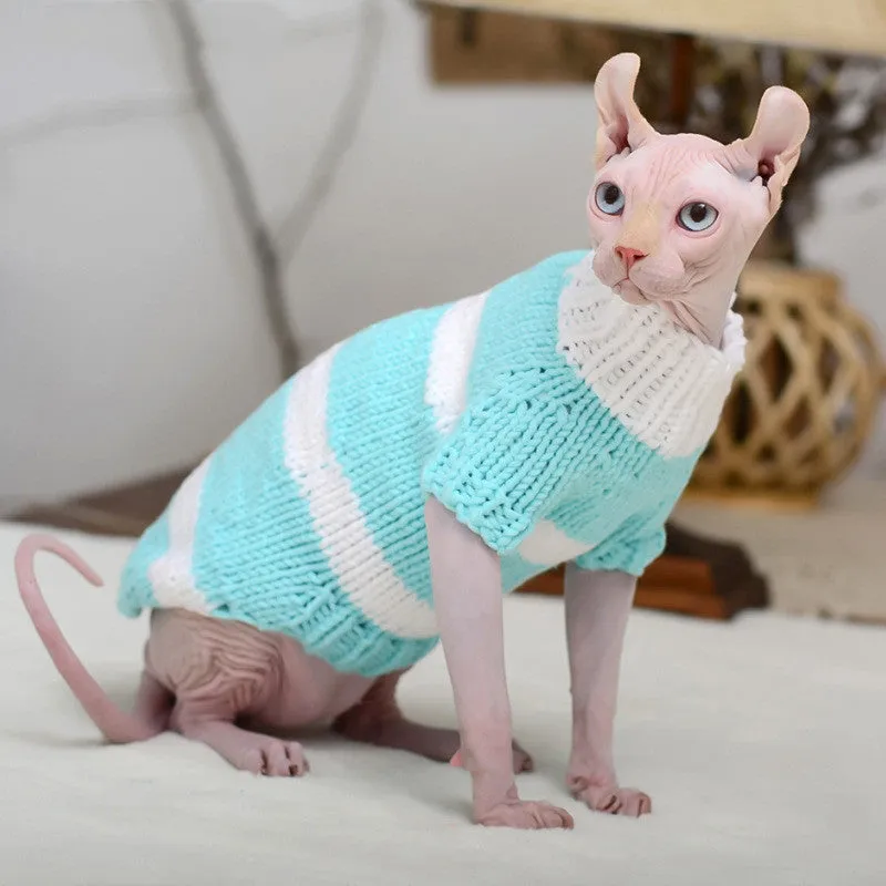 Wool handmade stripe sweater for hairless cat in light purple, side view on cat