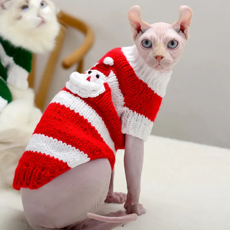 Wool handmade stripe sweater for hairless cat in light purple, side view on cat