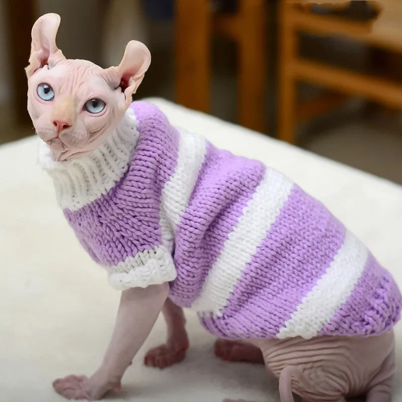 Wool handmade stripe sweater for hairless cat in light purple, side view on cat