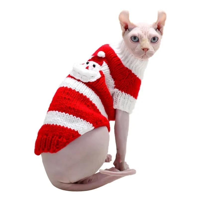 Wool handmade stripe sweater for hairless cat in light purple, side view on cat