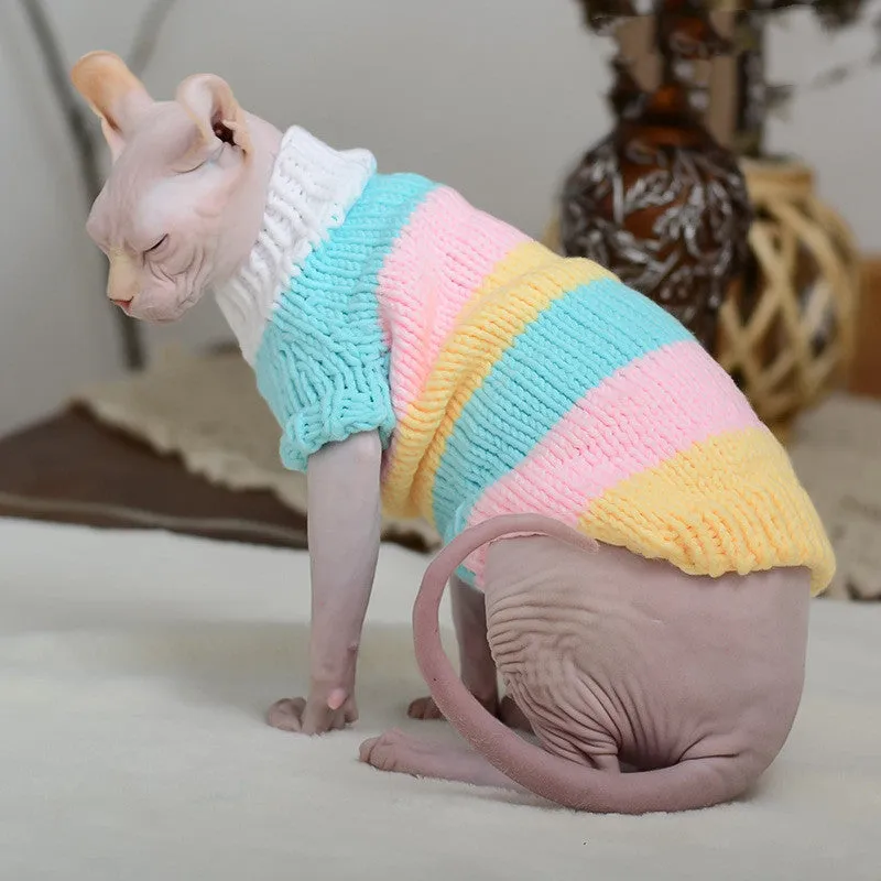 Wool handmade stripe sweater for hairless cat in light purple, side view on cat