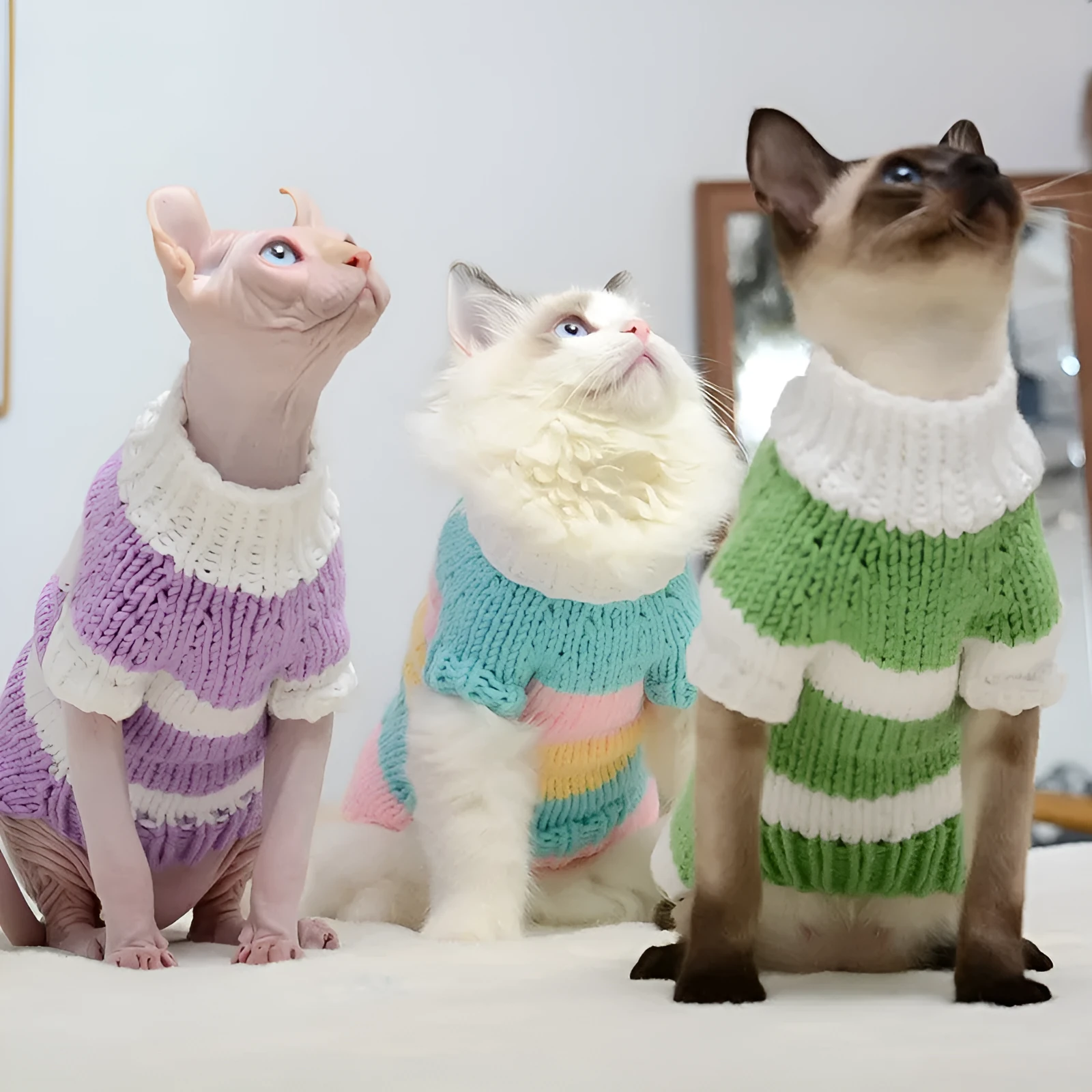Wool handmade stripe sweater for hairless cat in light purple, side view on cat