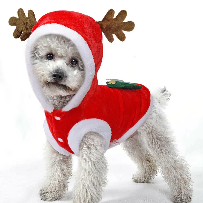 Red pet flannel elk Christmas clothes made from coral fleece, shown on a white background