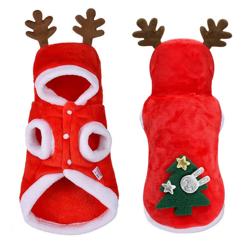Red pet flannel elk Christmas clothes made from coral fleece, shown on a white background