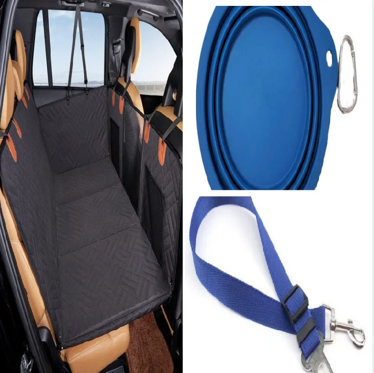 Black waterproof car dog bed cushion on rear seats protecting against pet mess